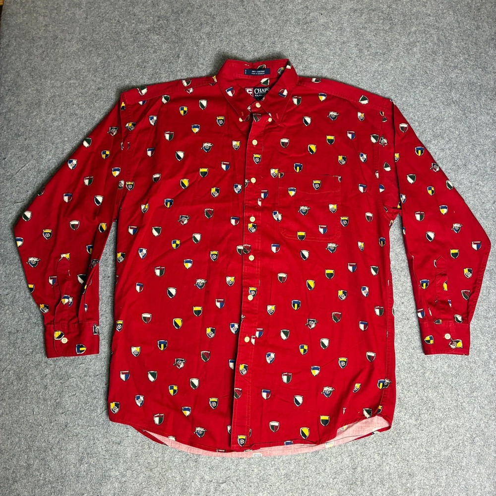 Chaps Ralph Lauren Button Down Men Large Red Crest Shield Print Excellent Preppy